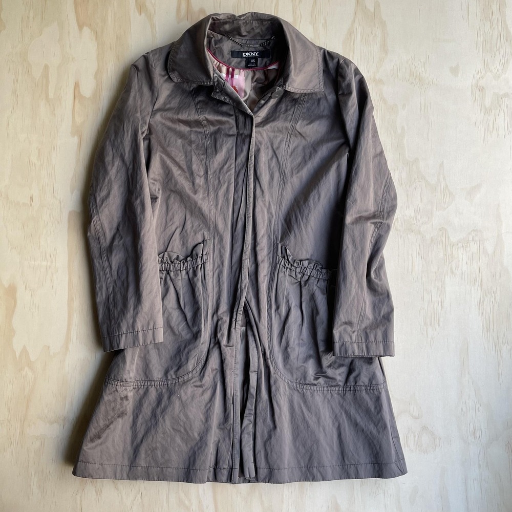 DKNY‎ Coat Womens XS Gray Polycotton Mid Length Trench Rain Jacket Lined Travel